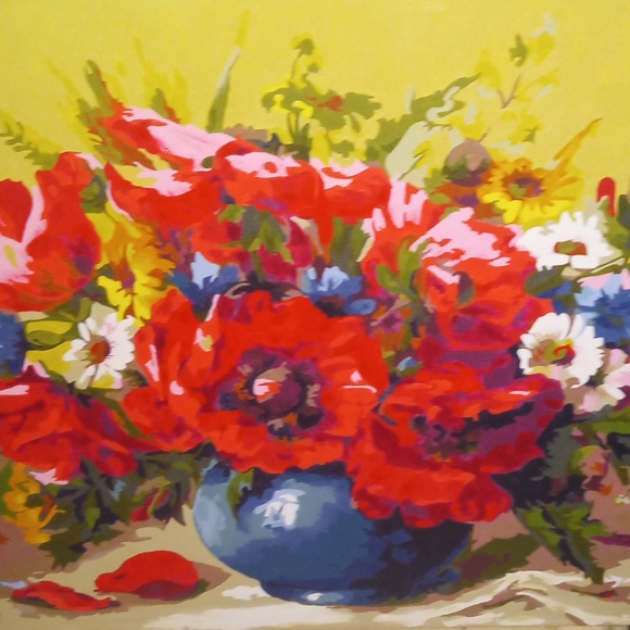 Vibrant Floral Canvas Art with Red and Blue Accents